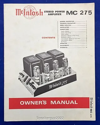 Original McIntosh MC275 / Power Amplifier Owner's Manual -- #2 • $59.95