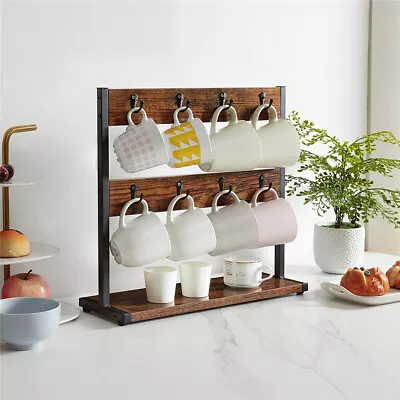 2 Tier Rustic Coffee Mug Holder Stand CountertopTree Rack With Storage Base • £19.91