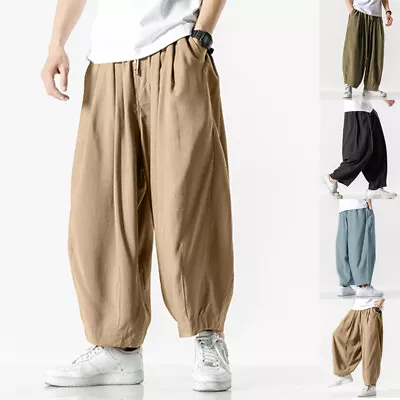 US STOCK Men Japanese Harem Trousers Casual Drawstring Holiday Hakama Long Pants • $18.70