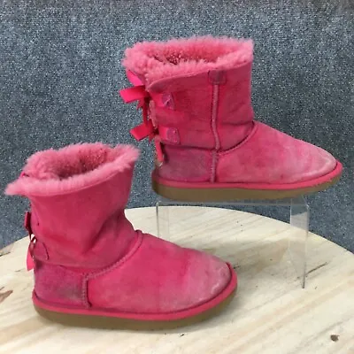 UGG Boots Youth Girl 3 Bailey Bow Winter Shearling Mid Calf 3280K Pink Suede • $23.85