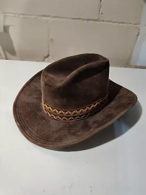 NICE Vintage Brown Brushed Leather Cowboy Hat GW Cowboy Hat Braid Band - Size L • $30