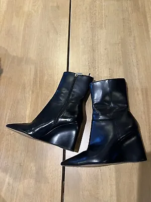 H&M Black Faux Leather Pointed Wedge Boots UK 8 EU 41 • £18