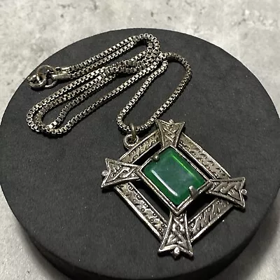 VINTAGE Scottish Celtic Pendant Necklace Silver Tone Chain Retro Green Glass • £12.99