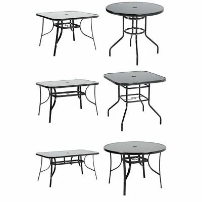 Black Garden Patio Table Glass Metal Frame Dining Bistro Table With Parasol Hole • £45.95