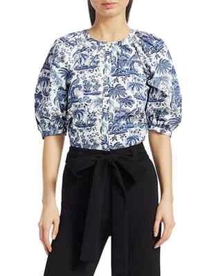$159 • Buy NWT STAUD Dill Tropical Print Blouse China Blue Toile L $185
