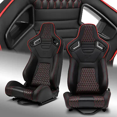 Pair Of PVC Carbon Fiber Leather Reclinable Racing Seats W/Silders Red+Black • $340.98