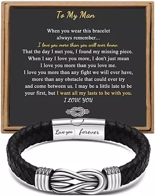 Gift For Men Black Braided Leather Infinity Bracelet For Men Dad Husband Boyfrie • $23.95