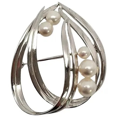 Mikimoto Sterling Silver Pearl Double Loop Pin/Brooch #14648 • $150