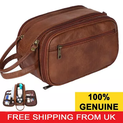 Large Brown WASH BAG Zipped Sections Cowhide Toiletries Toiletry Travel • £16.90