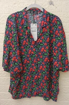 $10.37 • Buy Zara Top Blouse Bnwt Collar Button Short Sleeves  Cherry Blue Multi Xl