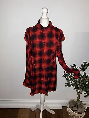 Ladies Red Tartan Frilled Blouse Shirt Size 10 • £4.99