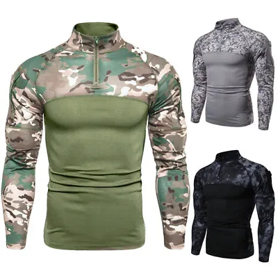£12.91 • Buy Long Sleeve Mens Army Tactical T-Shirt Combat Military Camo Casual Zip Shirts UK