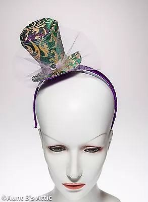 Mardi Gras Mini Hat Gold Green & Purple Brocade Fabric Mini Top Hat On Headband • $11.98