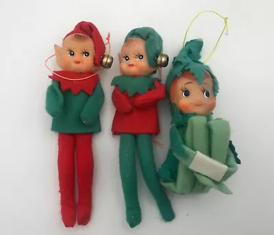 Set Of 3 Pixie Elf Knee Hugger Felt Soft Plastic Christmas Ornaments Japan Label • $39.99