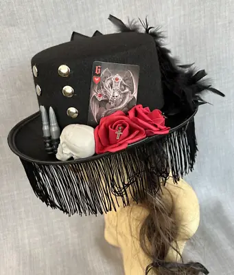 Unique Womens Black Gothic Top Hat Skulls Roses Tassle Veil Test Tubes 57cm (27a • £25.99