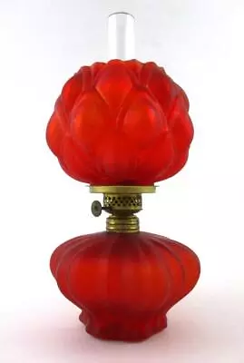 ARTICHOKE - Antique RED Satin Glass MINIATURE Oil LAMP Nutmeg Burner - S1-III • $269