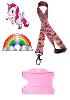 £3.49 • Buy Rainbow Unicorn Lanyard With Safety Breakaway & Pink ID Card Holder