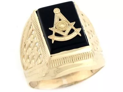 10k Or 14k Real Gold Past Master Freemason Masonic Onyx Fancy Mens Ring • $384.99