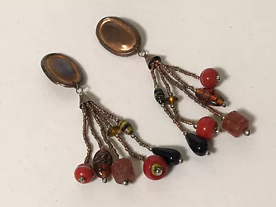 Copper Murano Glass Millefiori Seed Beaded Drop Dangle Art Clip-On Earrings • $15