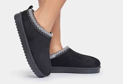 Black Faux Suede And Fur Slip On Mule Trendy Aztec Detail • £12.99