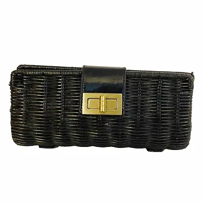 J Crew Black Woven Straw Rattan Wicker Clutch Handbag Purse Leather Trim 41471 • $34.91