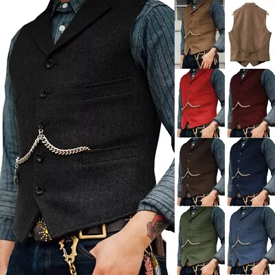 Mens Western Vintage Vest Tweed Wool Herringbone Cowboy Vests M Large XL XXL 3XL • $25.49