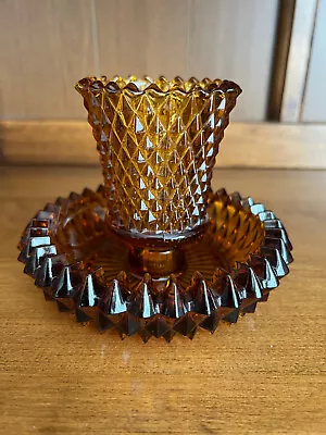 Two Piece Vintage Amber Diamond Point Indiana Glass Votice Cup Candle Holder • $12.99