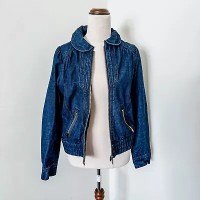 Revival Denim Bomber Jacket Size 10 Blue Gold Cuffed Long Sleeve • $21