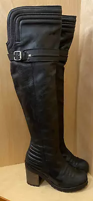 FREE PEOPLE Blk Distressed Leather Over The Knee Biker Heeled Boots 36/5 1/2 USA • $45