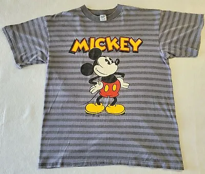 Vintage Velva Sheen Disney Mickey Mouse Gray Striped Graphic SS T Shirt Size XL • $34.99