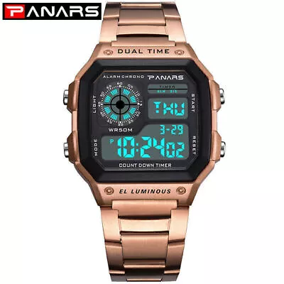 Men's Digital Sports Watch Stainless Steel Band Calendar Electronic Wristwatch • $20.19