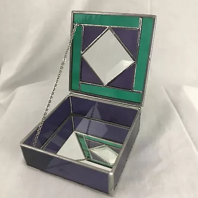 Vintage Stain Glass Trinket Box With Mirrored Bottom Hinged Lid Purple And Green • $24.99