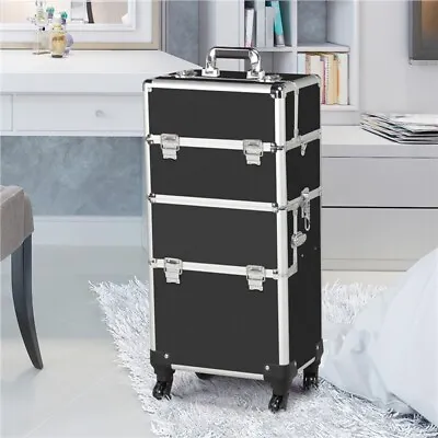 Rolling Aluminum 3-in-1 Cosmetic Case Trolley Makeup Beauty Box Case Black Used • $49.99