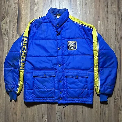 Vintage Swingster Blue Michelin Man Racing Snap Front Puffer Jacket Men's SZ L • $54.99