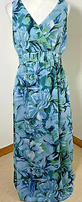 CHANGES BY TOGETHER Maxi Dress Size 12 Blue Green Floral Chiffon Layered Strappy • £19.50