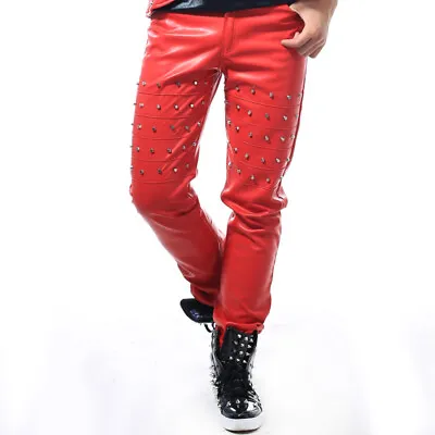 Men PU Leather Pants Trousers Rivet Stage Party Club Steampunk Rock Hippy • $67.71