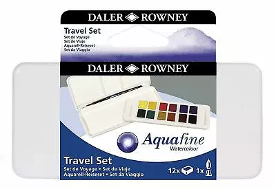 Daler Rowney Aquafine Watercolour Paint 12 Pan Travel Box Set & Brush • £12.95