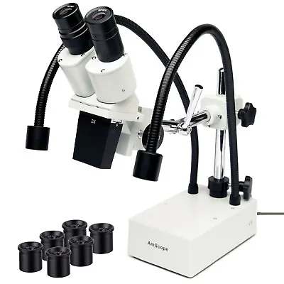 AmScope 10X-40X Compact Fixed-Lens Stereo Boom Microscope + Dual Gooseneck LEDs • $421.20