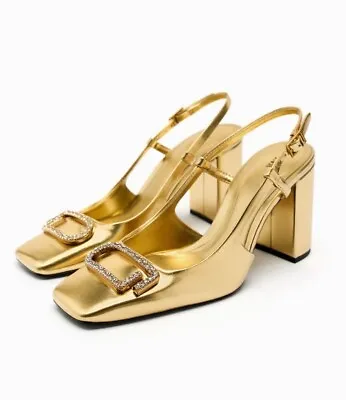 Zara Gold Block Heel Slingback Pumps Rhinestone Detail 1812/210 Size 6/36 NWT • $50