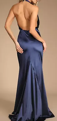 LULUS Size LARGE Beguiling Beauty Navy Blue Satin Halter Mermaid Maxi Dress*NWOT • $42.75