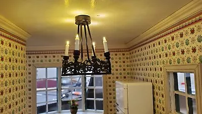 Dollhouse Tudor Chandelier Candle Battery Light Black Metal 1:12 Scale Miniature • $26.99