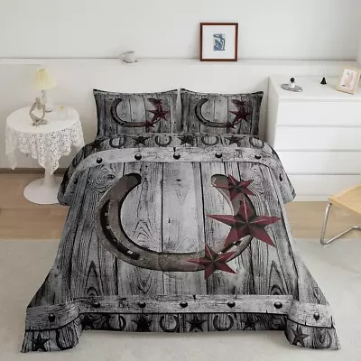 Grey Rustic Barn Comforter Set Western Cowboy Horseshoe Bedding Queen Multi10 • $80.99