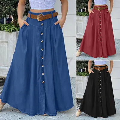 UK 8-24 Women Pleated Button Down Skirts A Line Flare Swing Long Maxi Dress Plus • £14.92