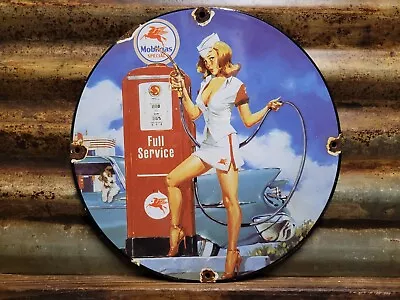 Vintage Mobil Porcelain Sign Old Gas Station Fuel Pump Motor Oil Pegasus Girl • $189.49