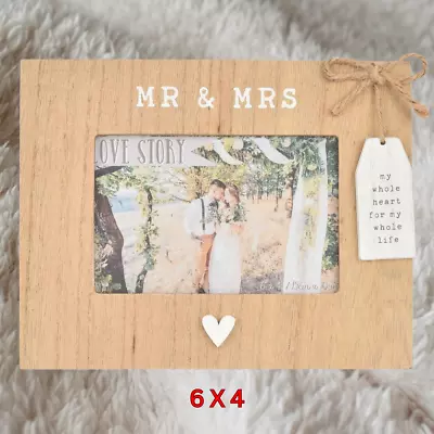 Mr And Mrs Wooden 6x4 Personalised Photo Frame With Heart And Hanging Plaque NEW • £9.99