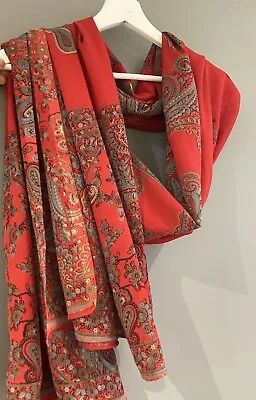 Ladies Idian Red Grey Paisley Floral Print Chiffon Large Scarf Shawl • £11.99