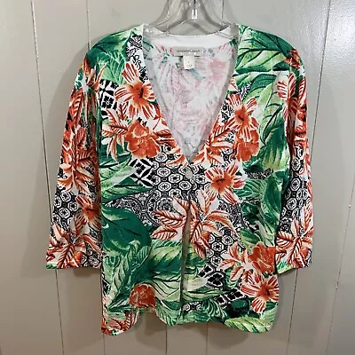 Christopher & Banks White Multi Tropical 3/4 Sleeve V Neck Cardigan Sweater L • $18.99