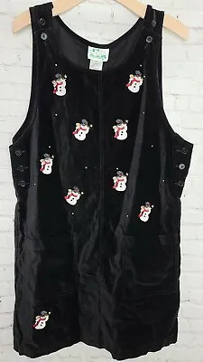 Vtg Quaker Factory Christmas Snowman  Rhinestone Black Overall Dress Sz M NEW • $30