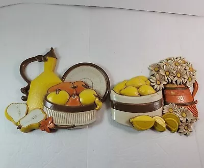 Set Of 2 Vintage 1975 Syroco Kitchen Wall Plaques Mid Century USA Fruit Flowers • $26.99