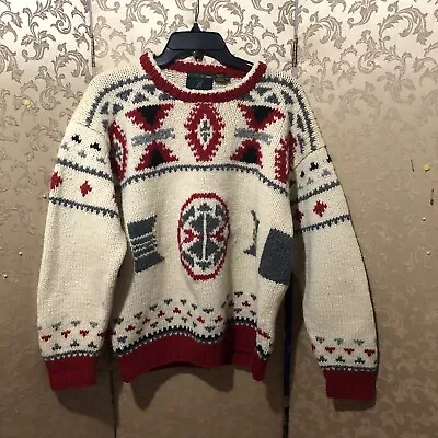 Club Room Hand Knit Ivory Red Multi-Color 100% Wool Sweater Size Medium M • $19.99